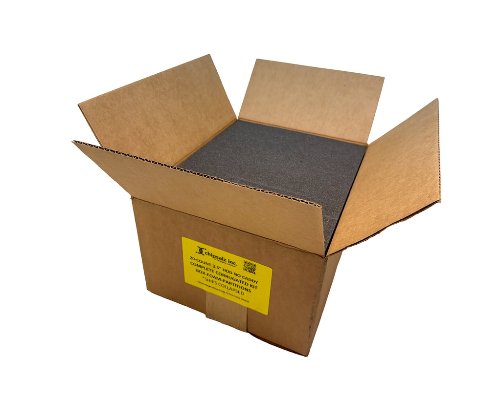 20-Count 3.5" HDD No Caddy Complete Corrugated Kit Box-Foam-Partitions